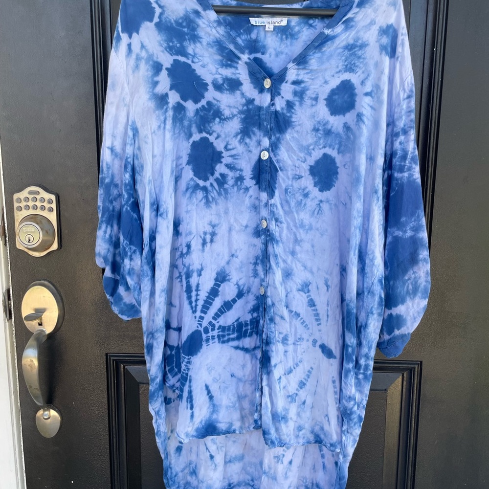 Half sleeve blue tie dye button up, hi-low cover up dress by blue island